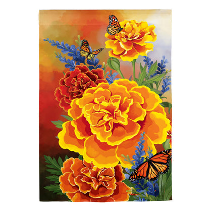 Mariposa Melody Burlap House Flag with vivid orange yellow flowers and monarch butterflies on Tampa Home & Garden Store