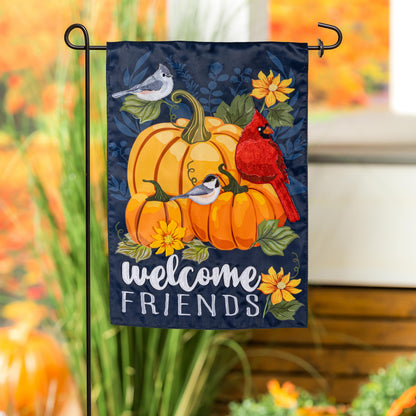 Welcome Friends of Fall Applique Garden Flag navy background with pumpkins sunflowers and birds on Tampa Home & Garden Store
