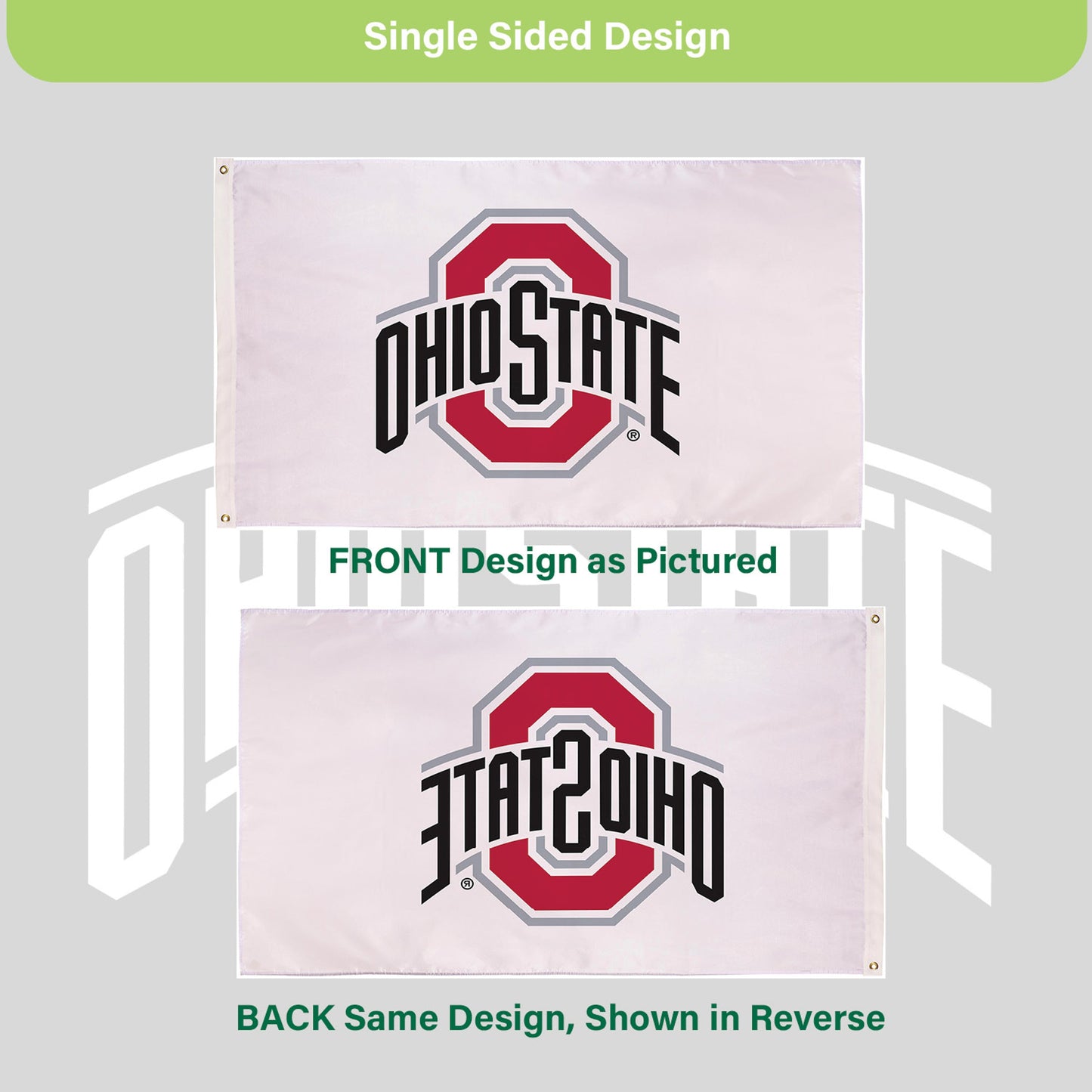 Ohio State University 3x5 single-sided flag with 2 grommets, sublimated Evergreen on Tampa Home & Garden Store