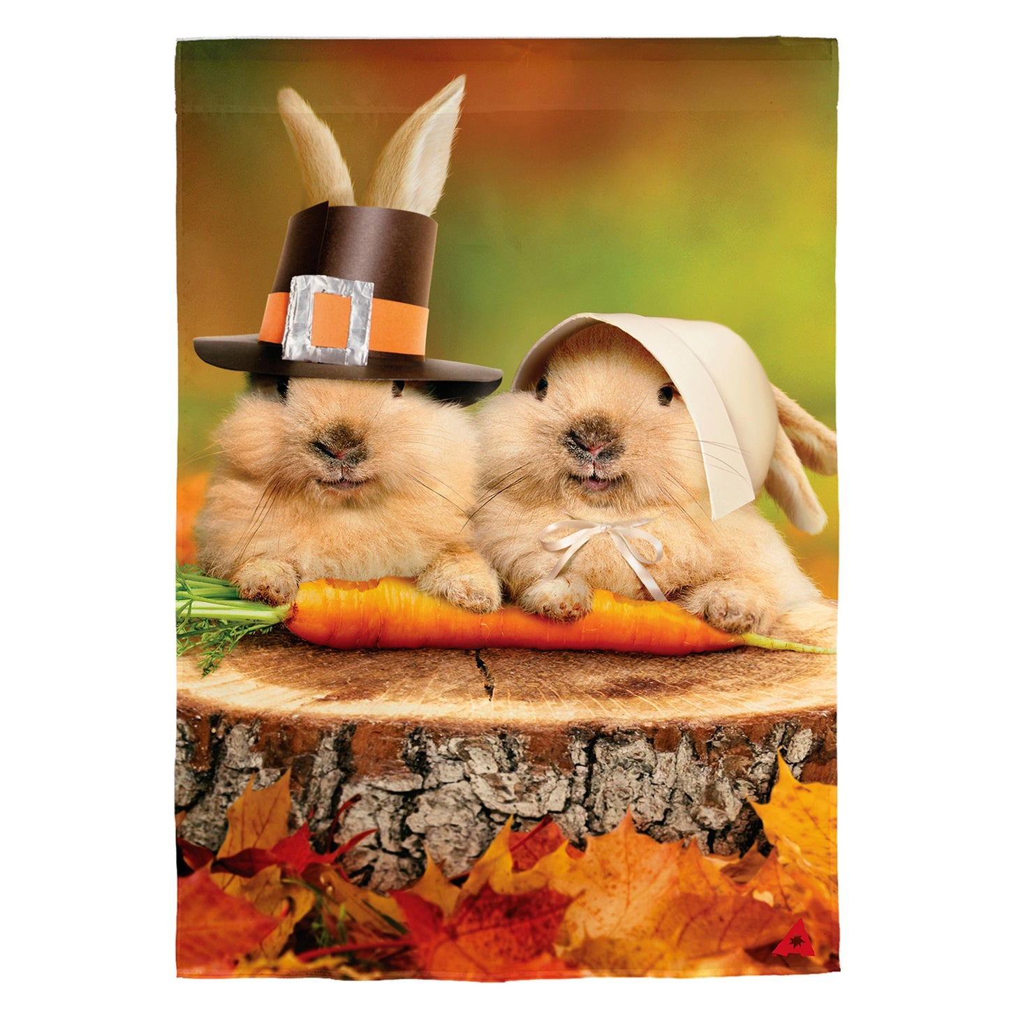 Bunny Pilgrims Suede Garden Flag with two rabbits in pilgrim hats among autumn leaves on Tampa Home & Garden Store