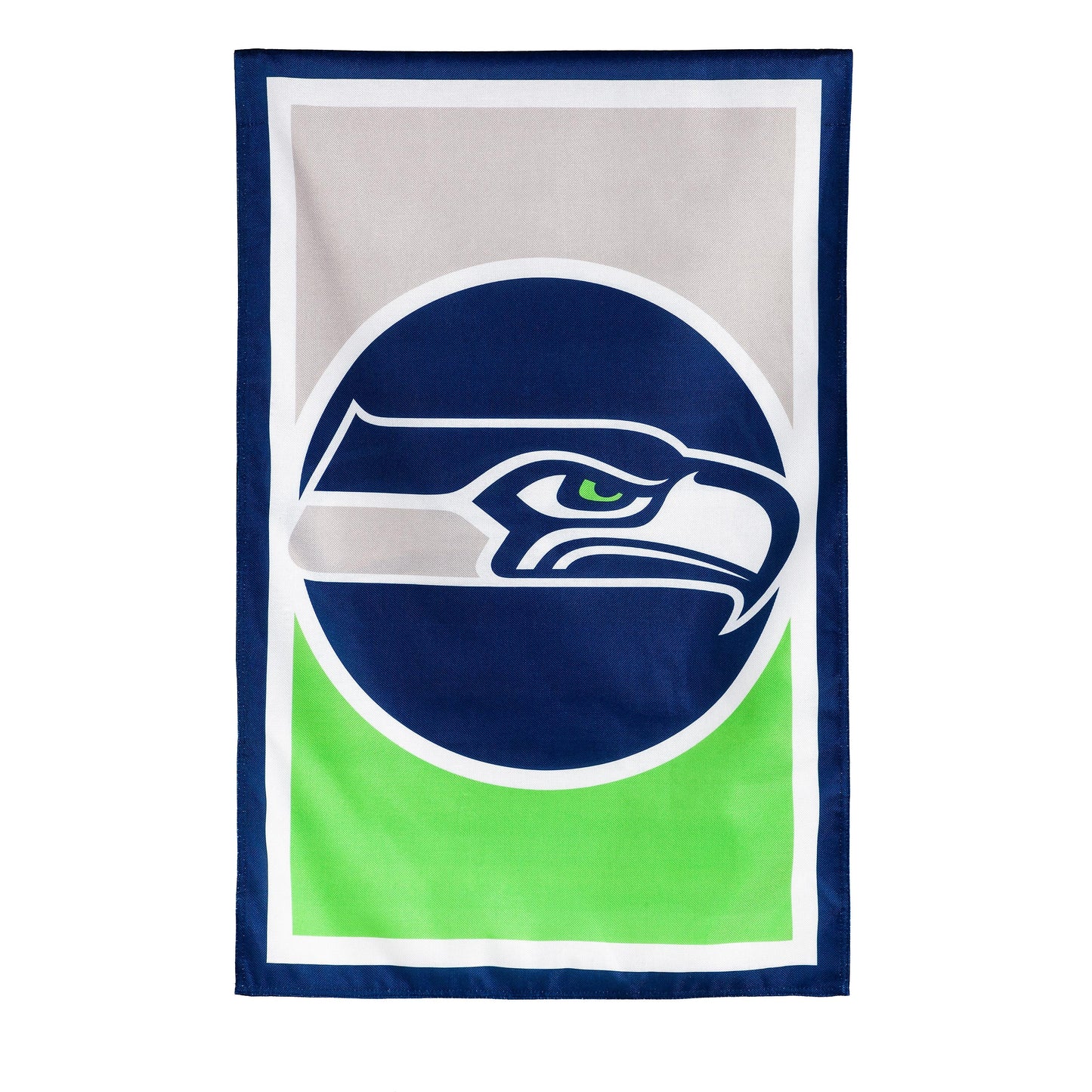 Flag Burlap Seattle Seahawks helmet graphic with navy border and green bottom on Tampa Home & Garden Store
