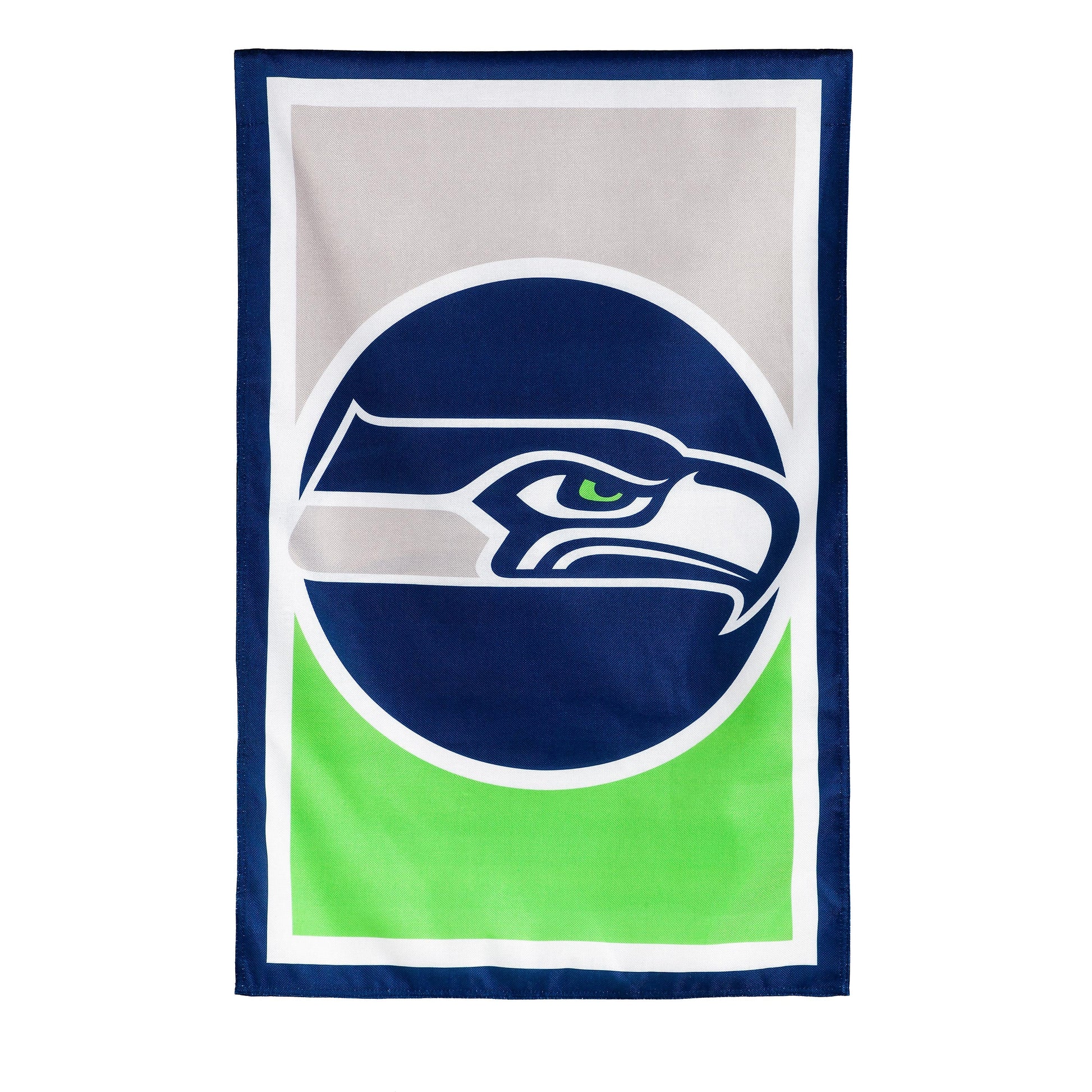 Flag Burlap Seattle Seahawks helmet graphic with navy border and green bottom on Tampa Home & Garden Store