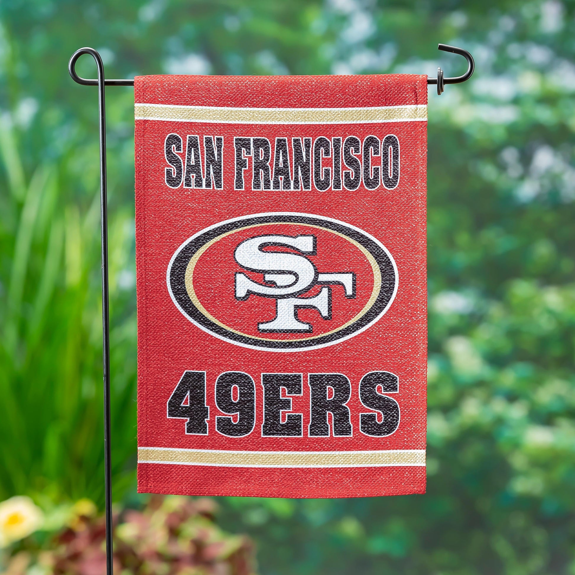 Embossed suede flag red with San Francisco 49ers emblem, GDN size on Tampa Home & Garden Store
