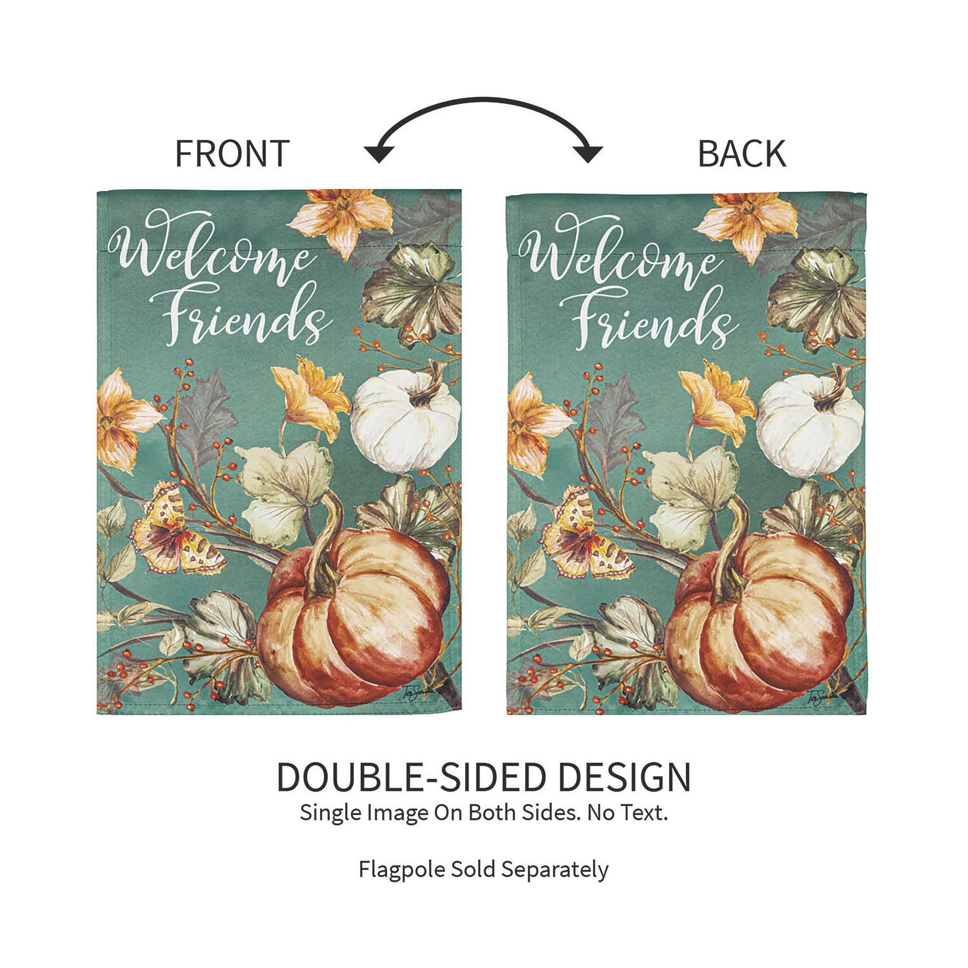 Autumn Vines Garden Suede Flag, double-sided teal with pumpkins and Welcome Friends on Tampa Home & Garden Store