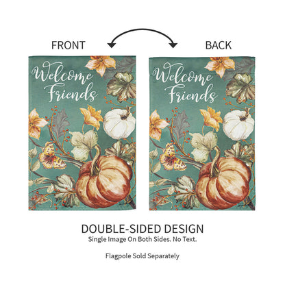 Autumn Vines Garden Suede Flag, double-sided teal with pumpkins and Welcome Friends on Tampa Home & Garden Store
