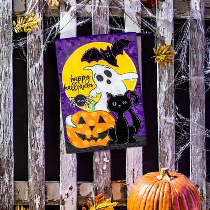 Halloween Friends Applique Garden Flag purple backdrop with ghost, bat, pumpkin and spider on Tampa Home & Garden Store