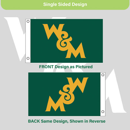 William & Mary single-sided flag 3x5 with two grommets; green field W&M monogram on Tampa Home & Garden Store