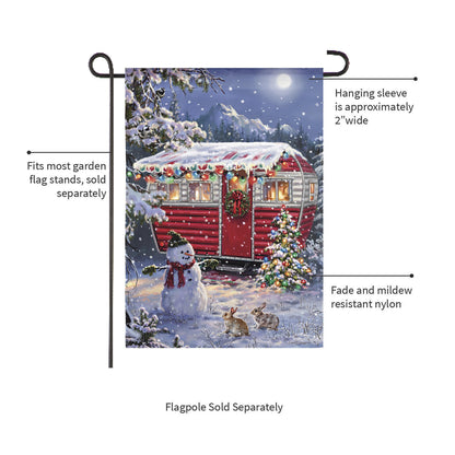 Christmas Camper Lustre Garden Flag featuring a red camper in a snowy night scene on Tampa Home & Garden Store