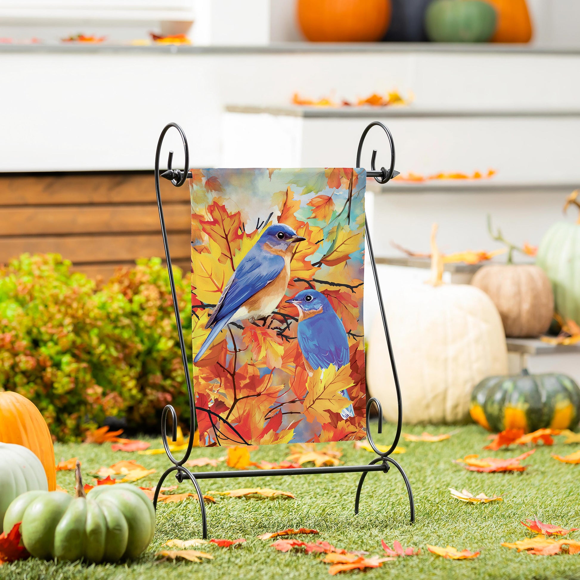 Bluebirds Among The Leaves Suede Garden Flag features bluebirds on autumn leaves on Tampa Home & Garden Store
