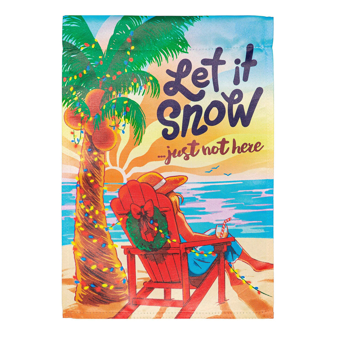 Let it Snow Just Not Here Suede House Flag tropical beach scene with palm trees sunset on Tampa Home & Garden Store