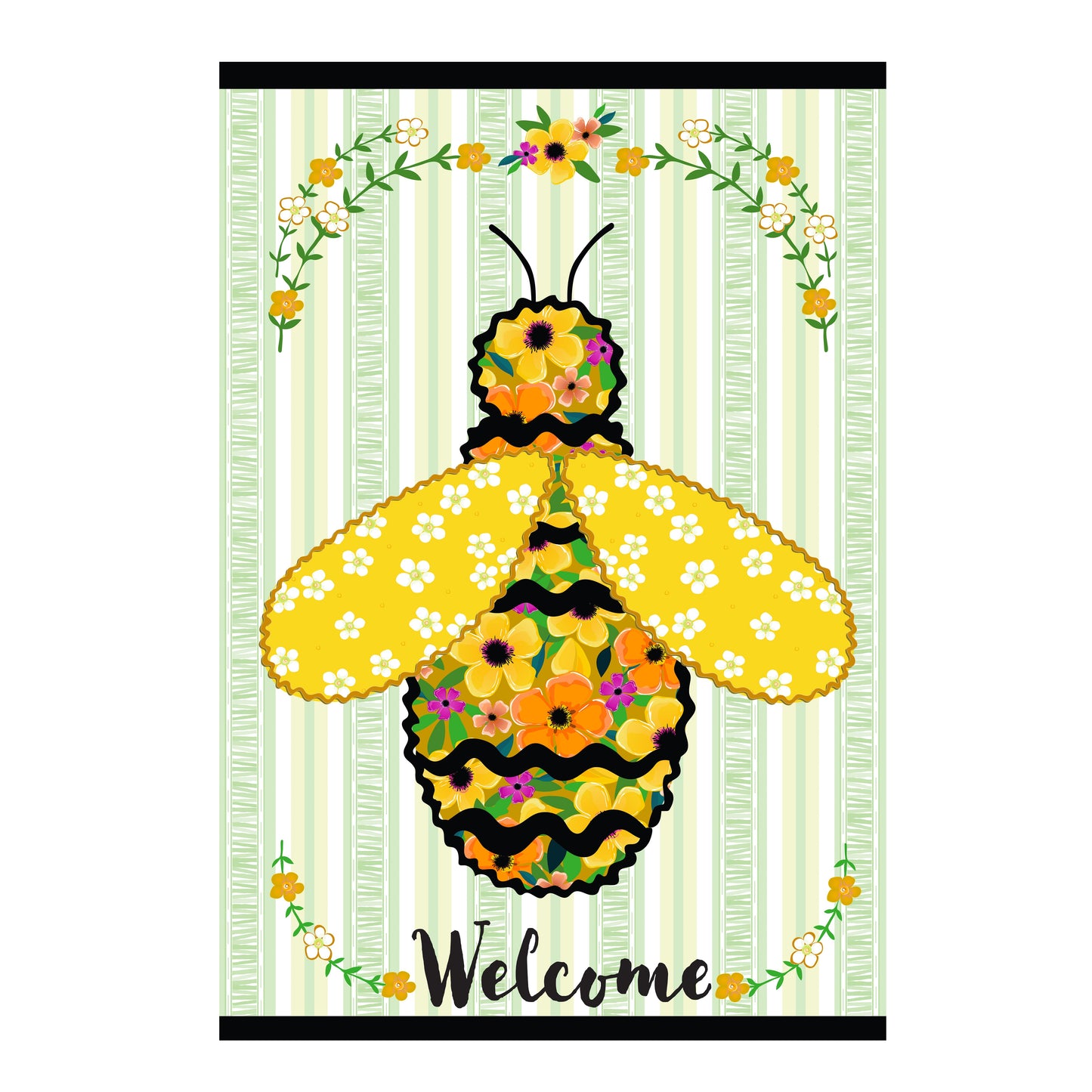 Ric Rac Bee Applique Flag yellow bee with flowers on pale green stripes Evergreen on Tampa Home & Garden Store