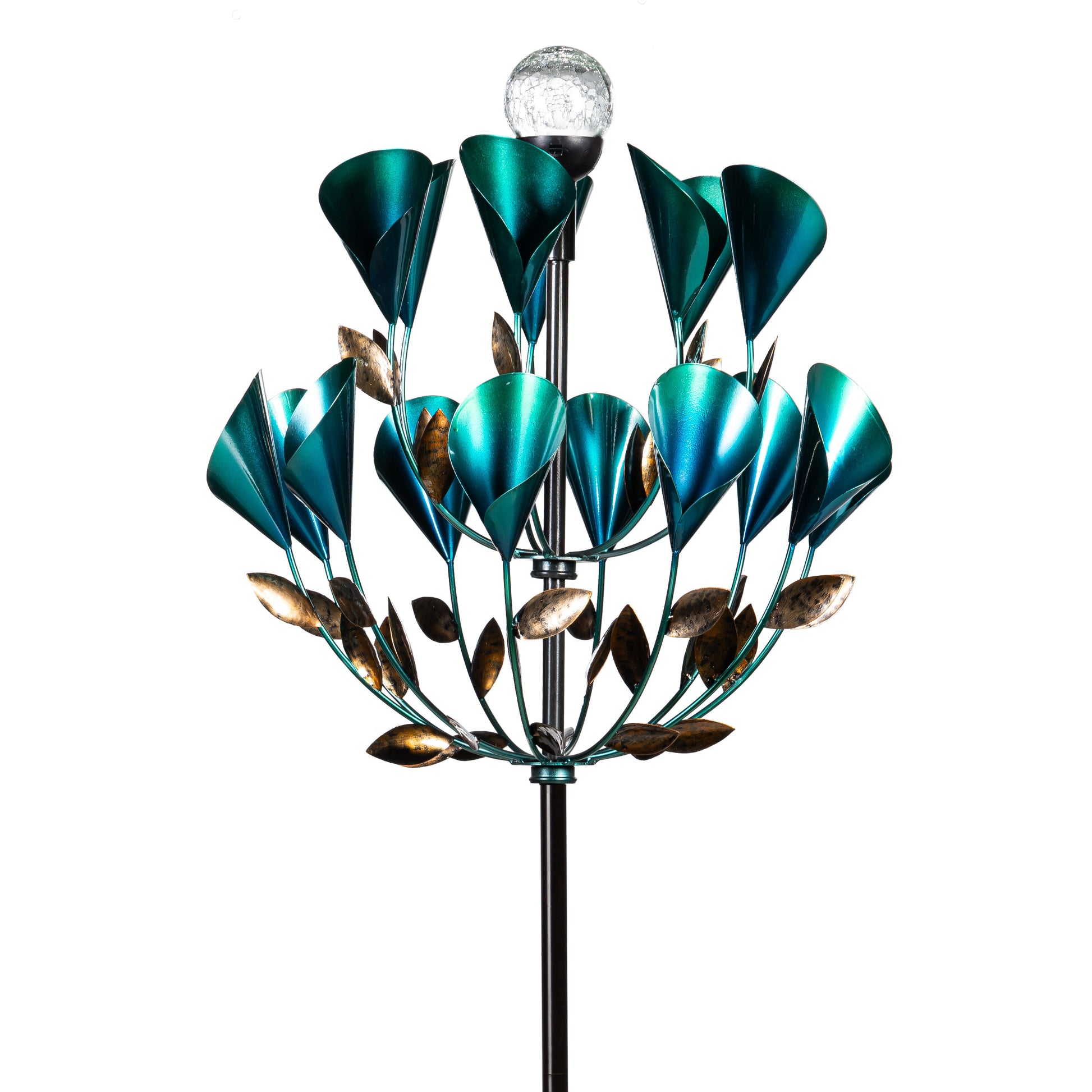 Solar Metal Wind Spinner Calla Lily with teal petals and crackled glass globe, 74 in tall on Tampa Home & Garden Store