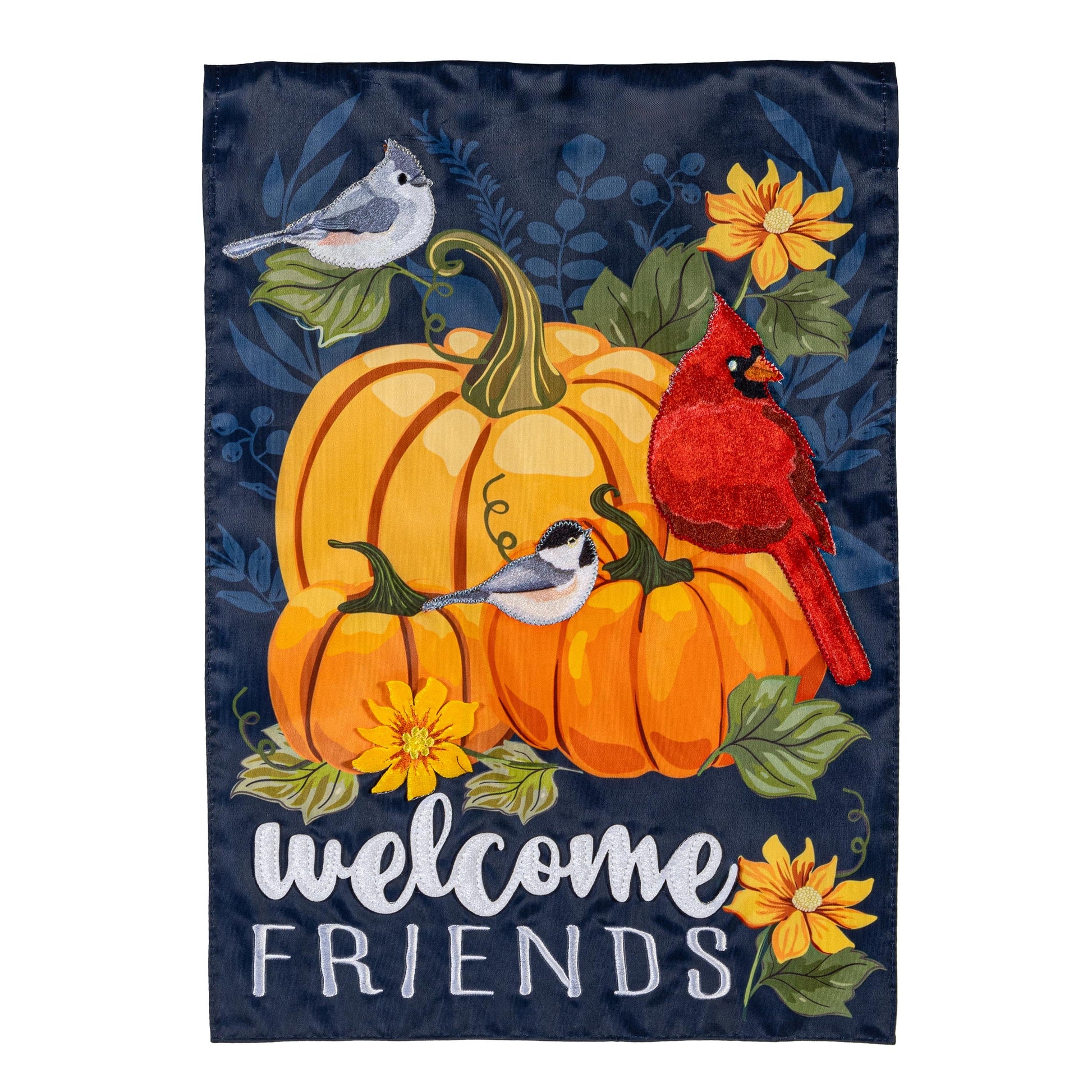 Welcome Friends of Fall Applique Garden Flag navy background with pumpkin, flowers and birds on Tampa Home & Garden Store