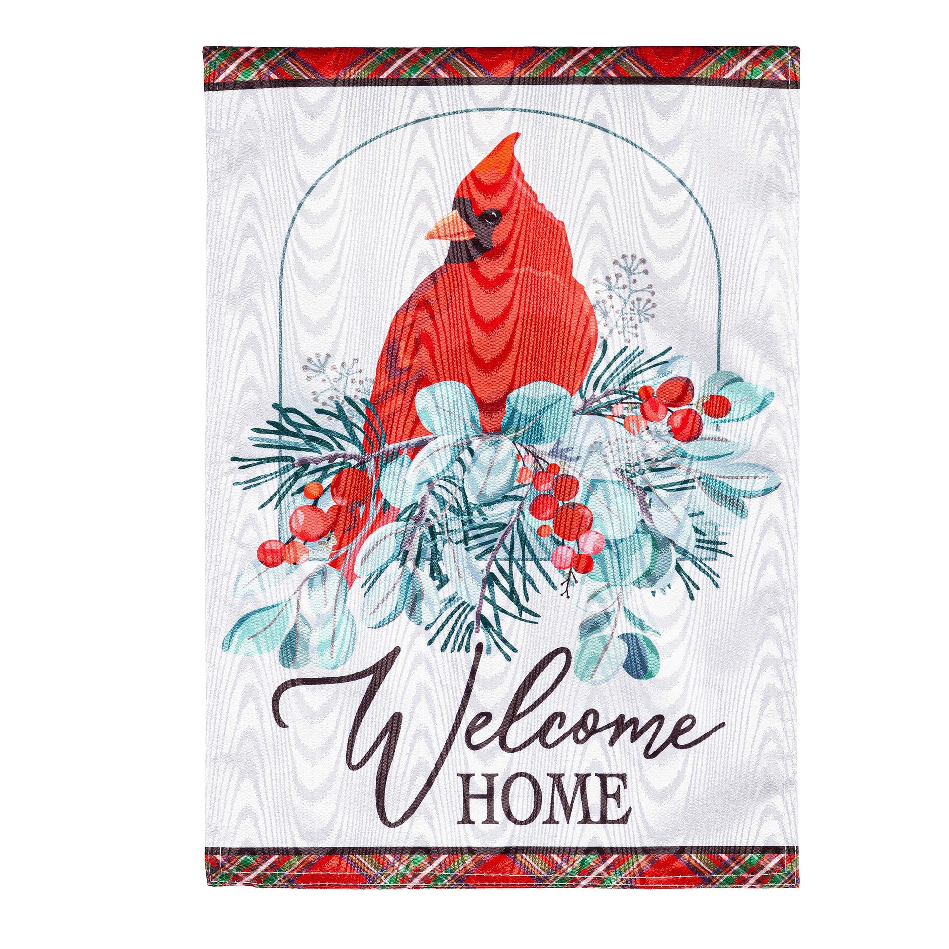 Winter Welcome Moire Garden Flag with a red cardinal, winter greenery and plaid border on Tampa Home & Garden Store