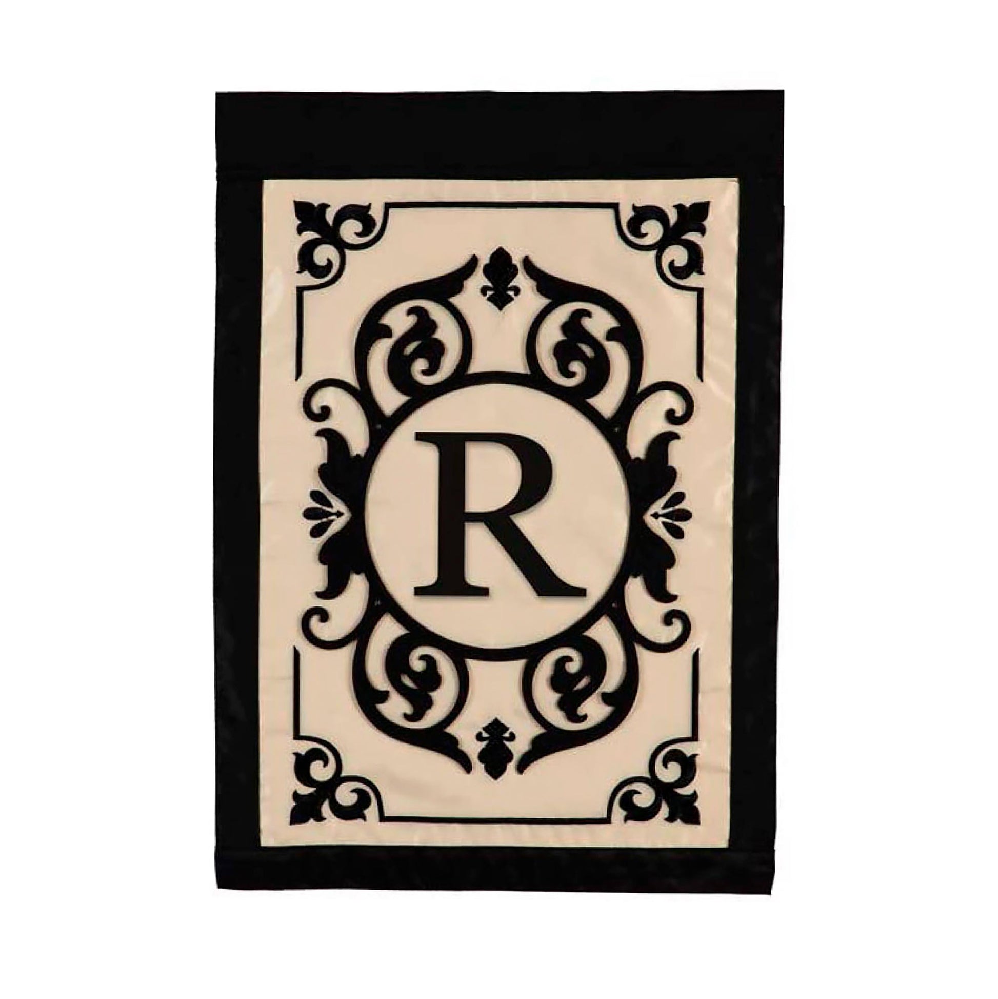 Cambridge Monogram Garden Applique Flag Letter R beige panel with black ornate frame on Tampa Home & Garden Store