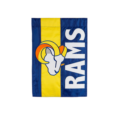Los Angeles Rams embellished garden flag, blue field with yellow stripe and white applique on Tampa Home & Garden Store
