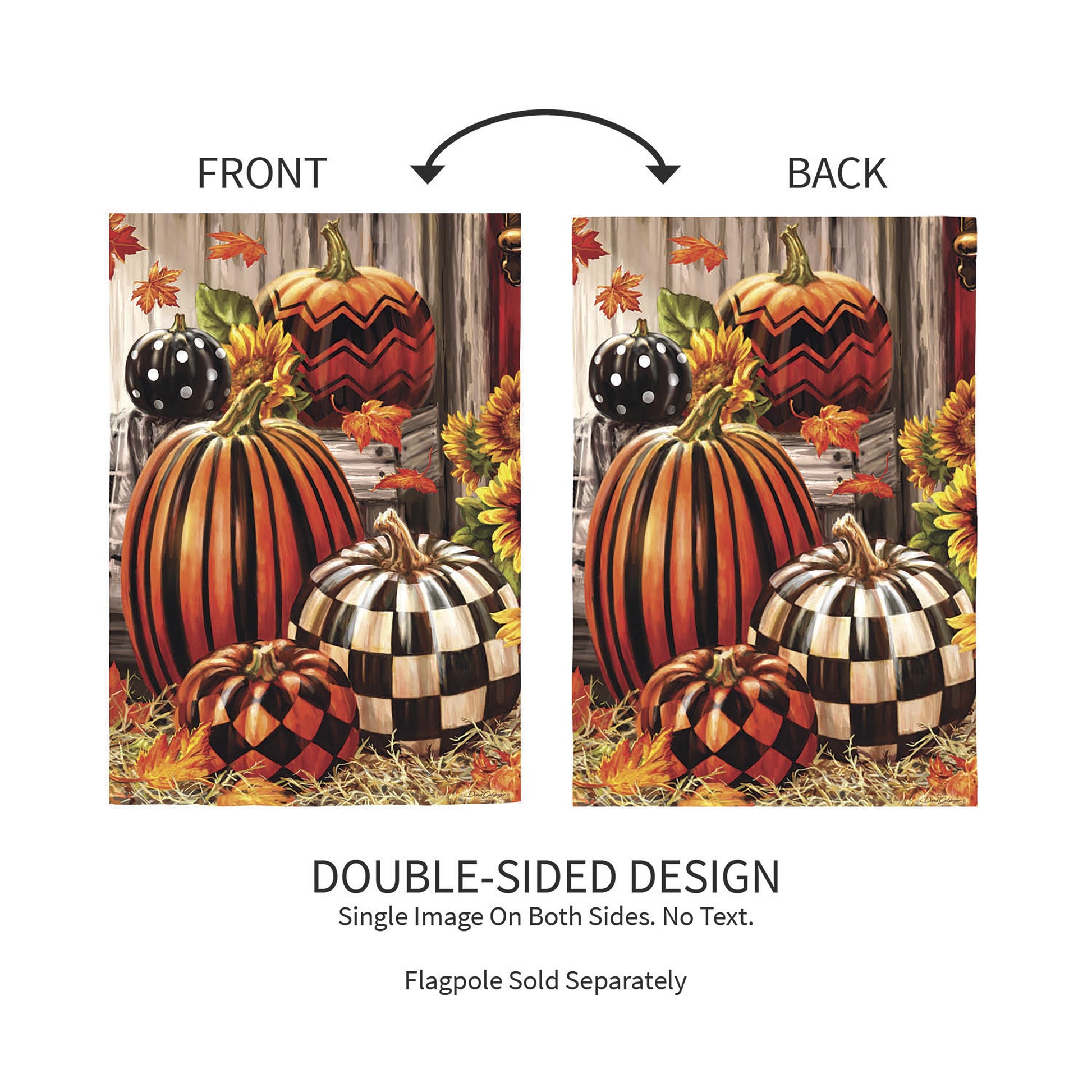 Burlap Garden Flag Fall Harvest pumpkins in orange with leaves, double-sided two-flag set on Tampa Home & Garden Store