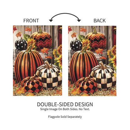 Burlap Garden Flag Fall Harvest pumpkins in orange with leaves, double-sided two-flag set on Tampa Home & Garden Store