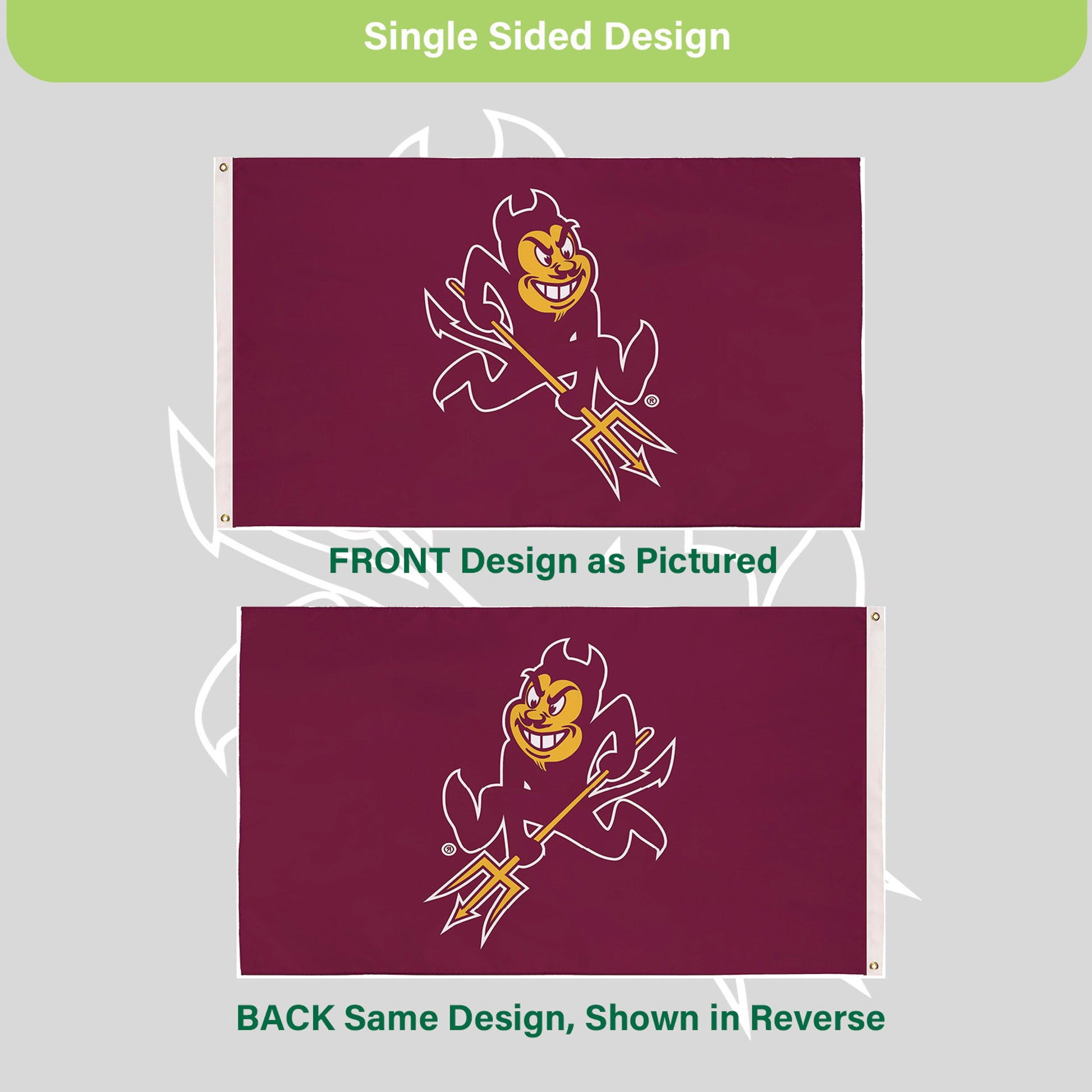 Arizona State University flag, 3x5 ft, sublimated, maroon with Sun Devil, 2 grommets on Tampa Home & Garden Store