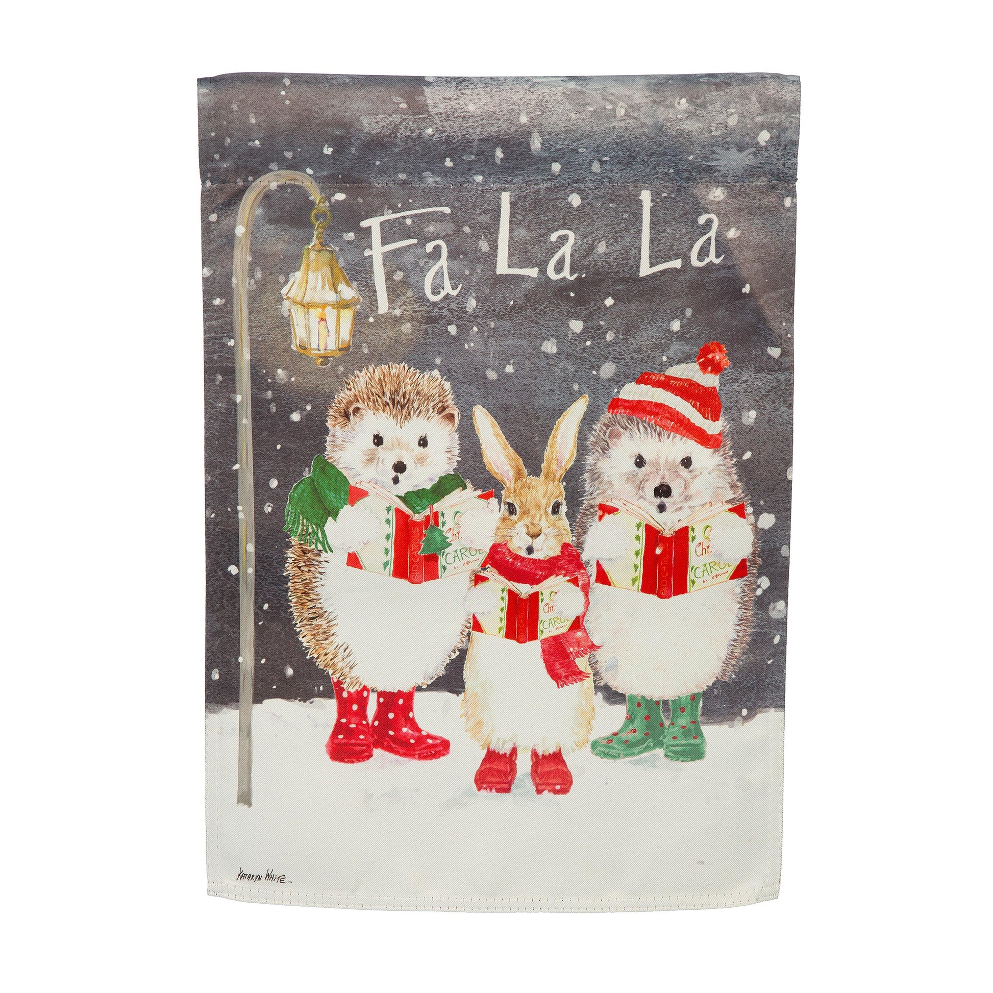 Fa La La Suede Garden Flag featuring festive woodland animals and gifts in snow on Tampa Home & Garden Store