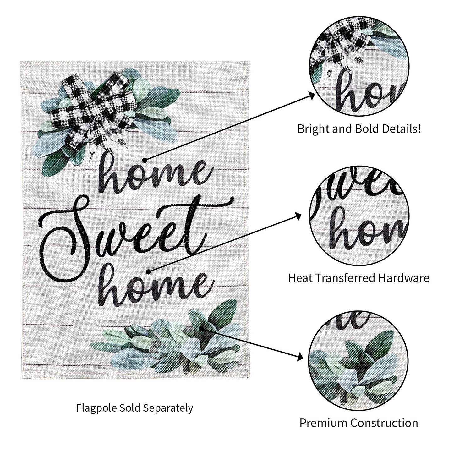 Home Sweet Home eucalyptus garden burlap flag with green leaves and black-and-white gingham bow on Tampa Home & Garden Store