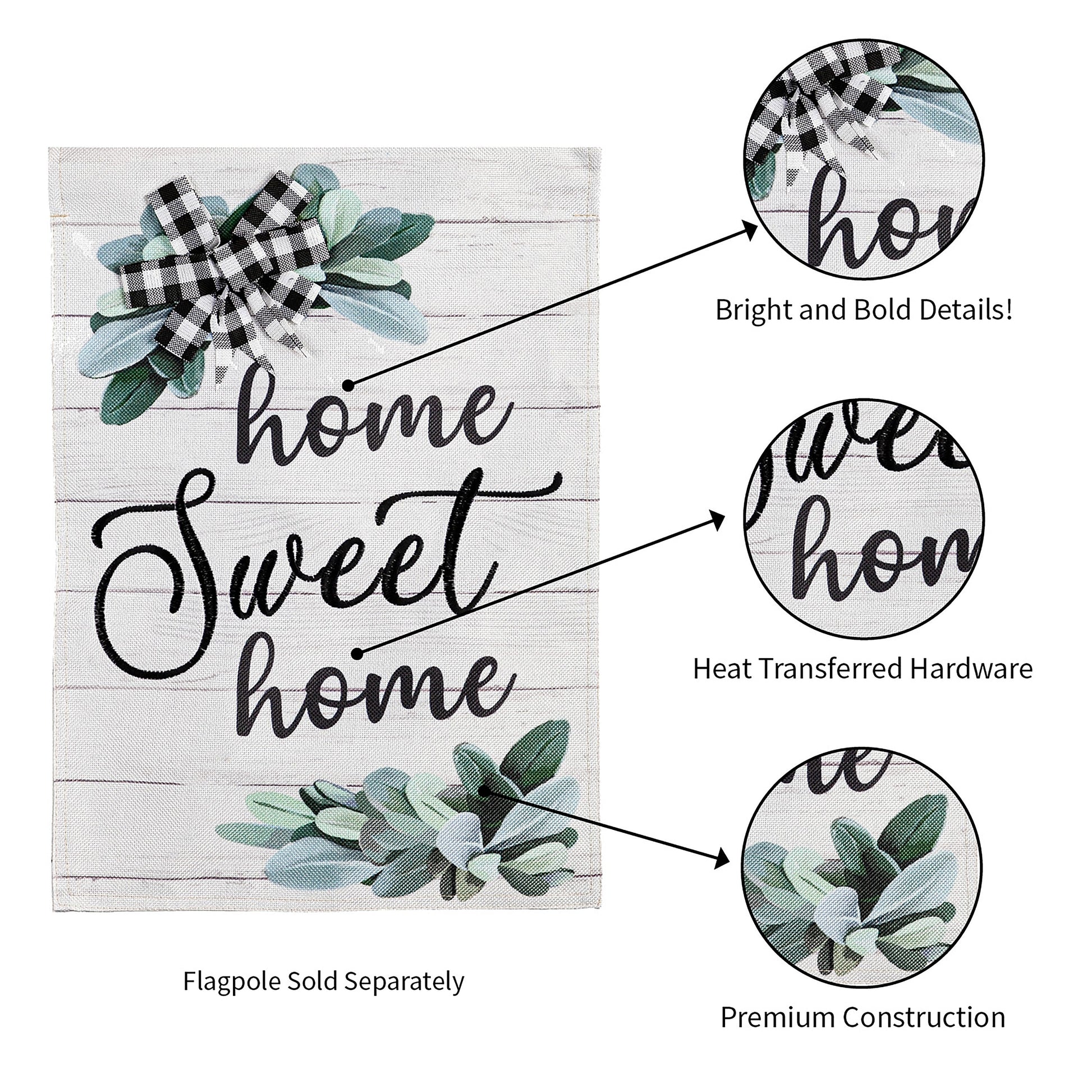 Home Sweet Home eucalyptus garden burlap flag with green leaves and black-and-white gingham bow on Tampa Home & Garden Store