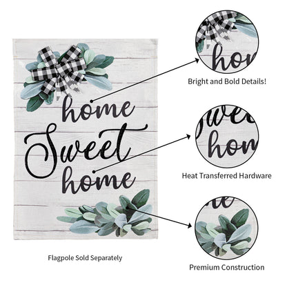Home Sweet Home eucalyptus garden burlap flag with green leaves and black-and-white gingham bow on Tampa Home & Garden Store