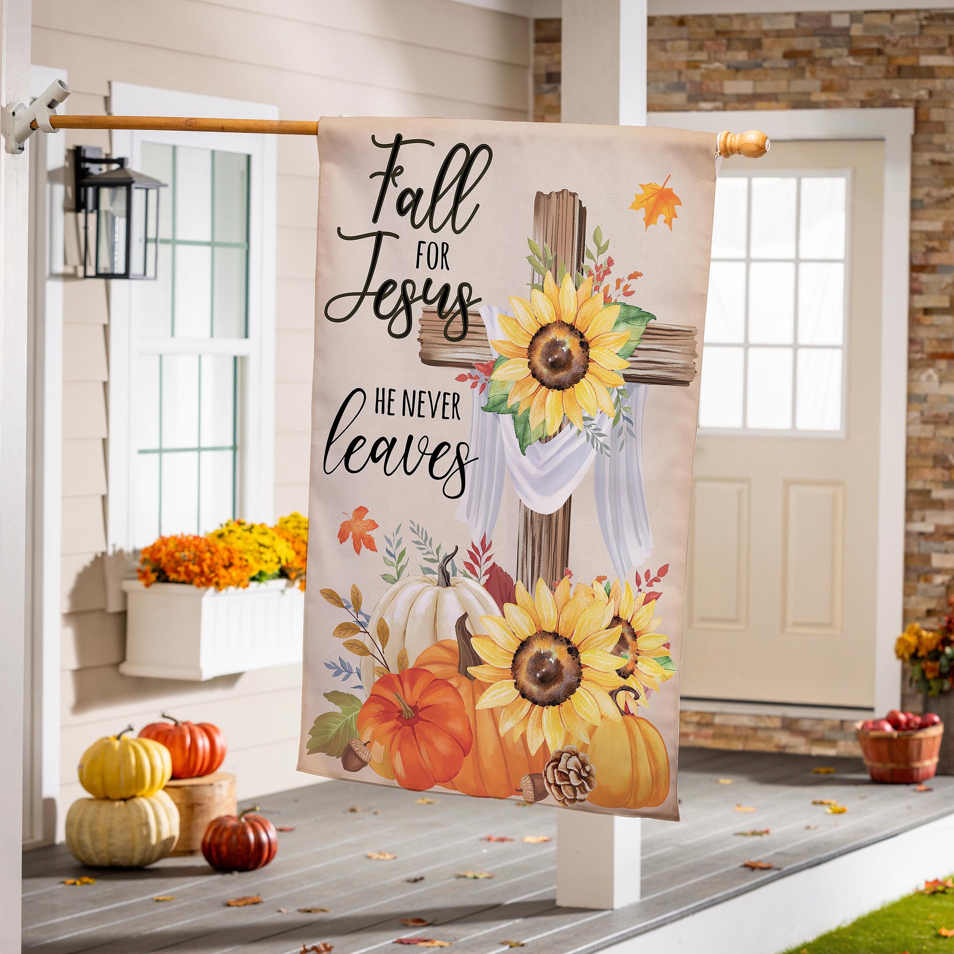 He Will Never Leave Suede House Flag beige suede fabric with sunflower motif Evergreen Enterprises on Tampa Home & Garden Store