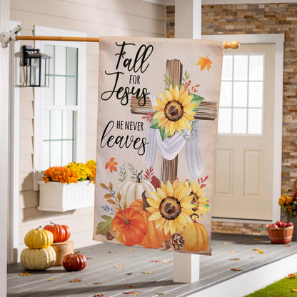 He Will Never Leave Suede House Flag beige suede fabric with sunflower motif Evergreen Enterprises on Tampa Home & Garden Store