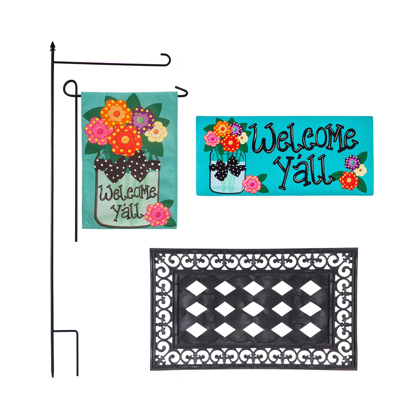 Ensemble drapeau de jardin en toile de jute et tapis en sassafras « Bienvenue à tous » (14B4181ECM+22001T+431272+43BM003)