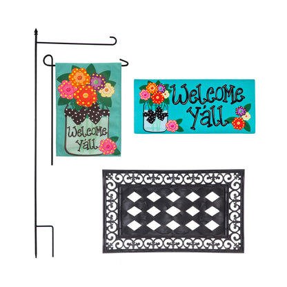 Ensemble drapeau de jardin en toile de jute et tapis en sassafras « Bienvenue à tous » (14B4181ECM+22001T+431272+43BM003)