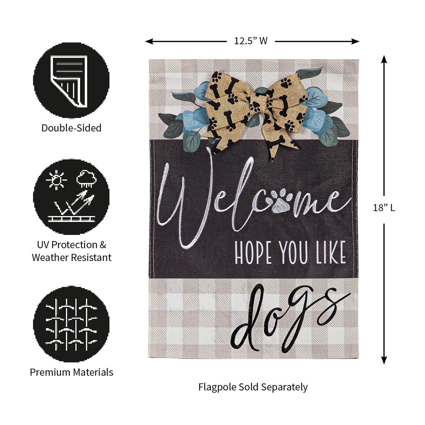 Dogs and Checks Garden Burlap Flag beige plaid background with bow motif on Tampa Home & Garden Store