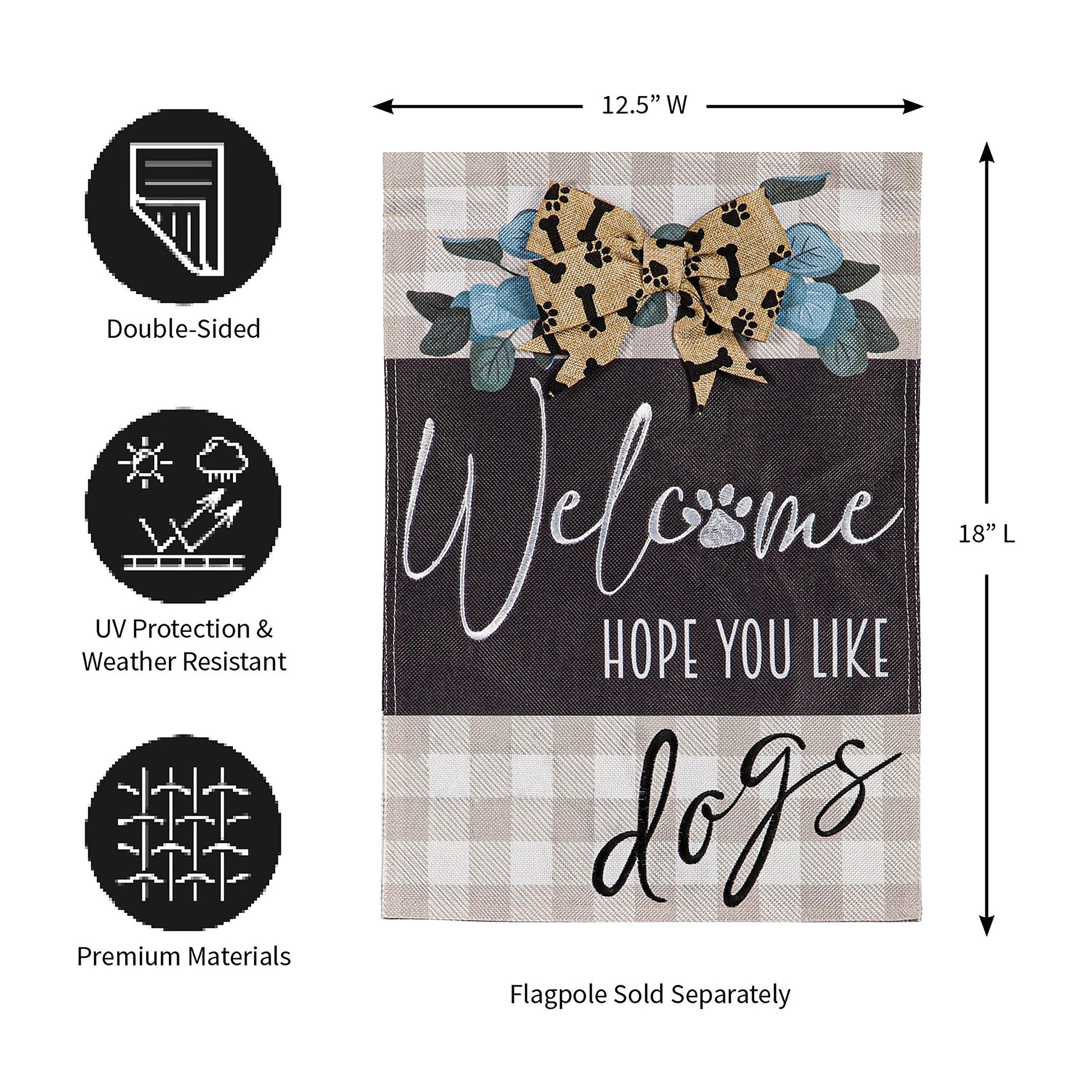 Dogs and Checks Garden Burlap Flag beige plaid background with bow motif on Tampa Home & Garden Store