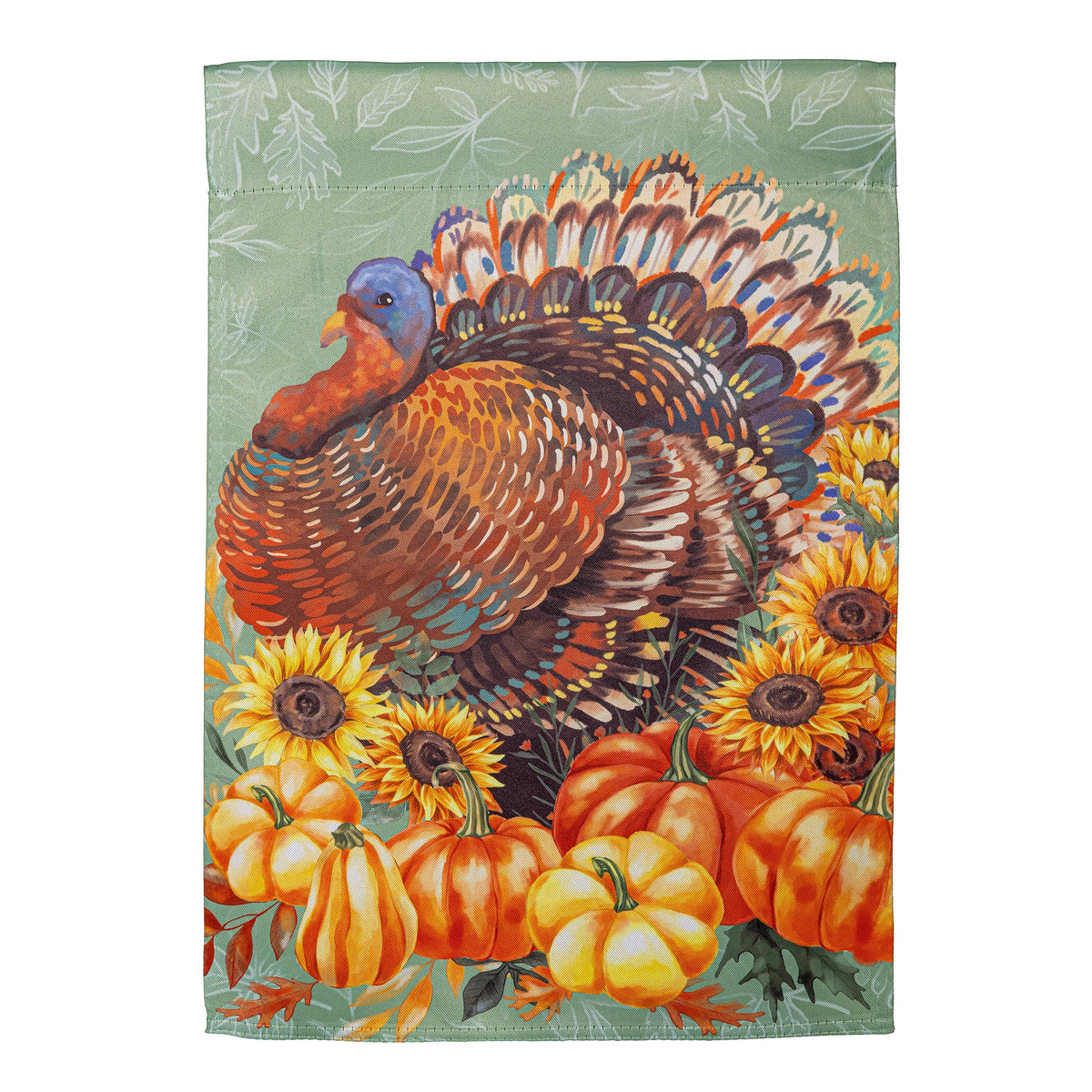 Grateful Gatherings Turkey Suede Garden Flag with sunflowers on green leafy backdrop on Tampa Home & Garden Store