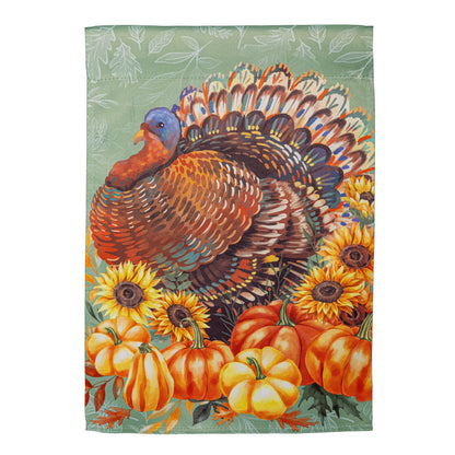 Grateful Gatherings Turkey Suede Garden Flag with sunflowers on green leafy backdrop on Tampa Home & Garden Store