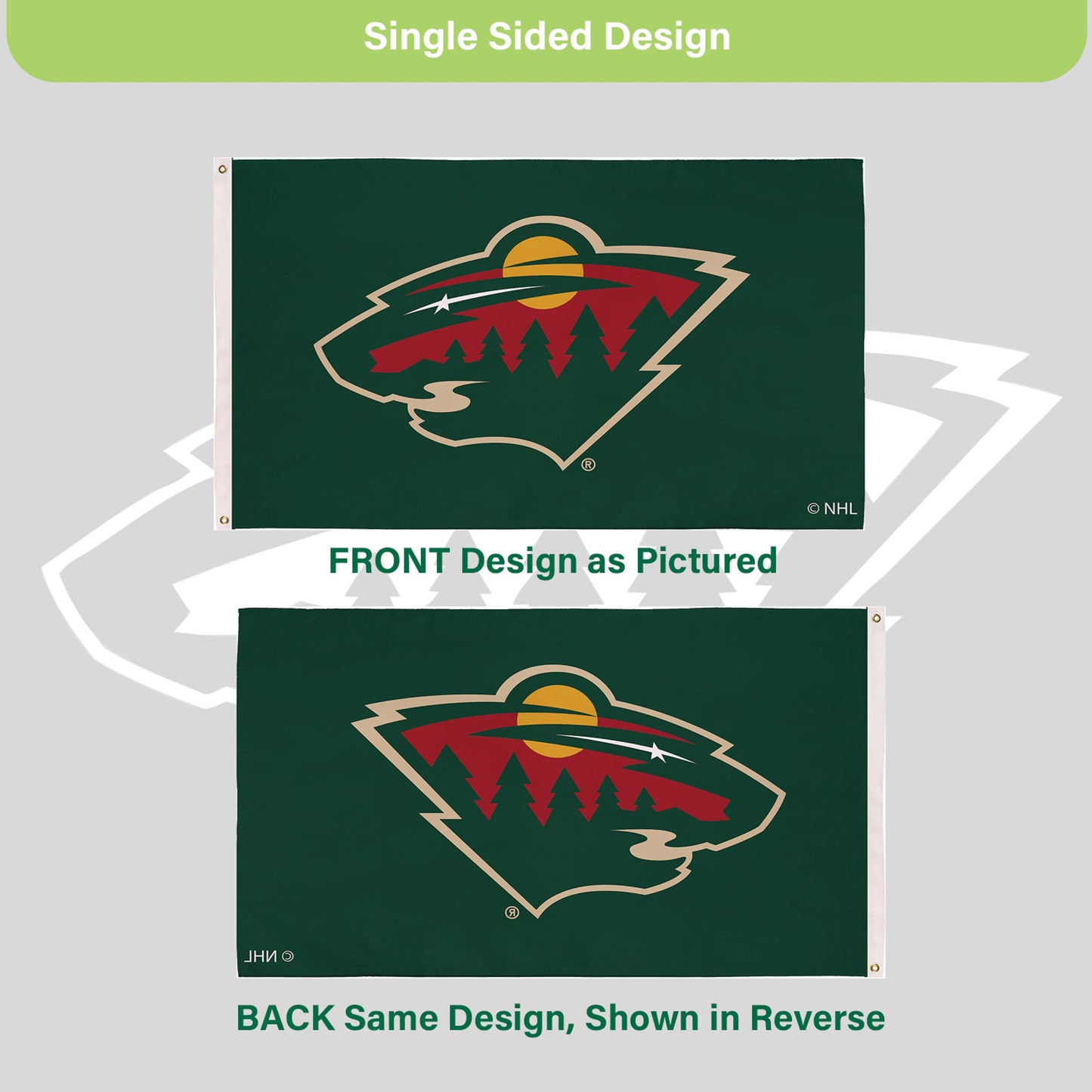 Minnesota Wild flag 3x5, single-sided with 2 grommets on green flag Evergreen Enterprises on Tampa Home & Garden Store