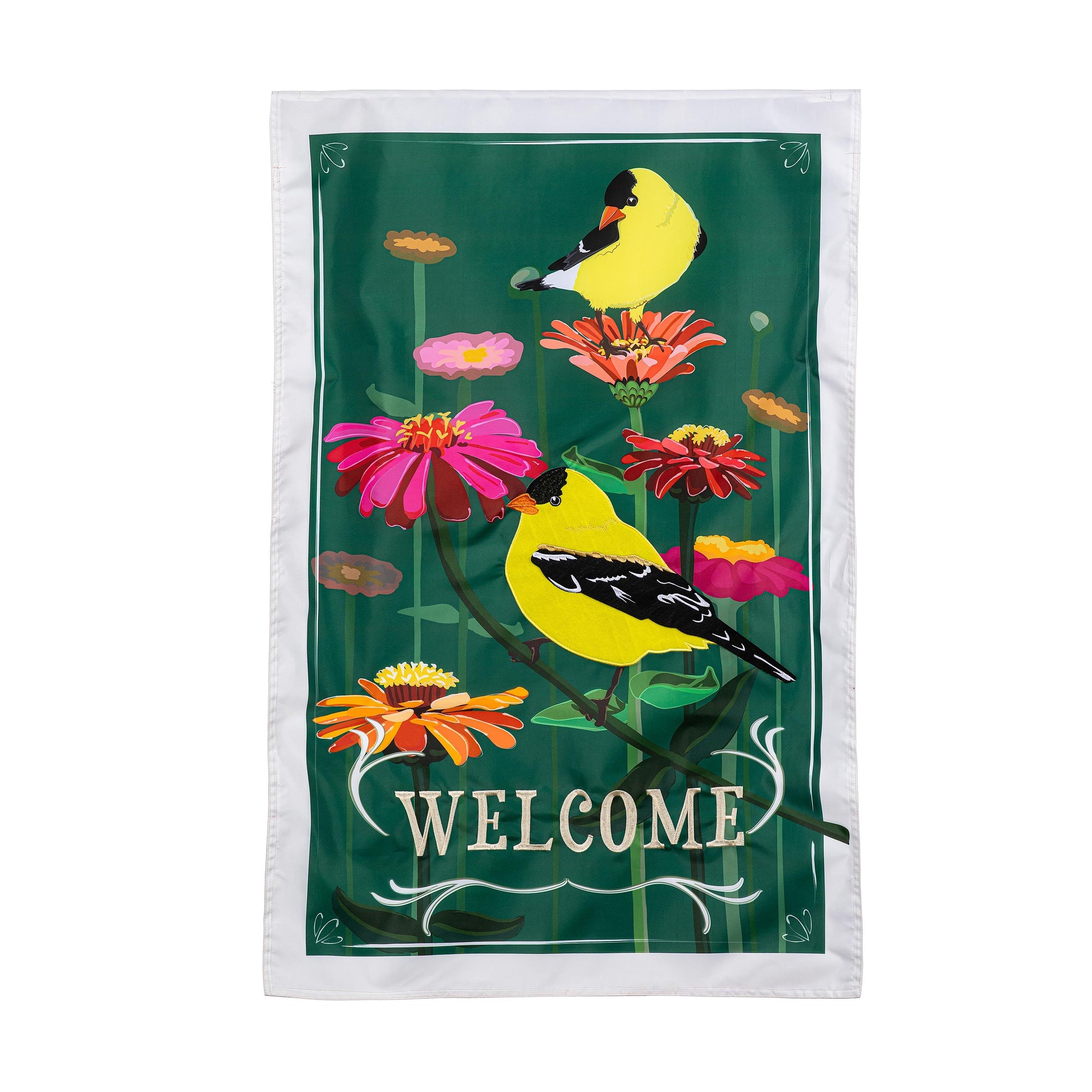 Finches and Flowers Applique House Flag green background with yellow finches and blooms on Tampa Home & Garden Store