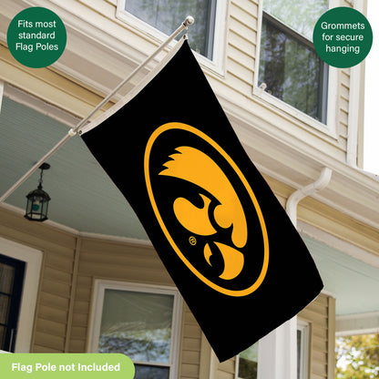University of Iowa estate flag 3x5 with 2 grommets, sublimated black flag with gold emblem on Tampa Home & Garden Store