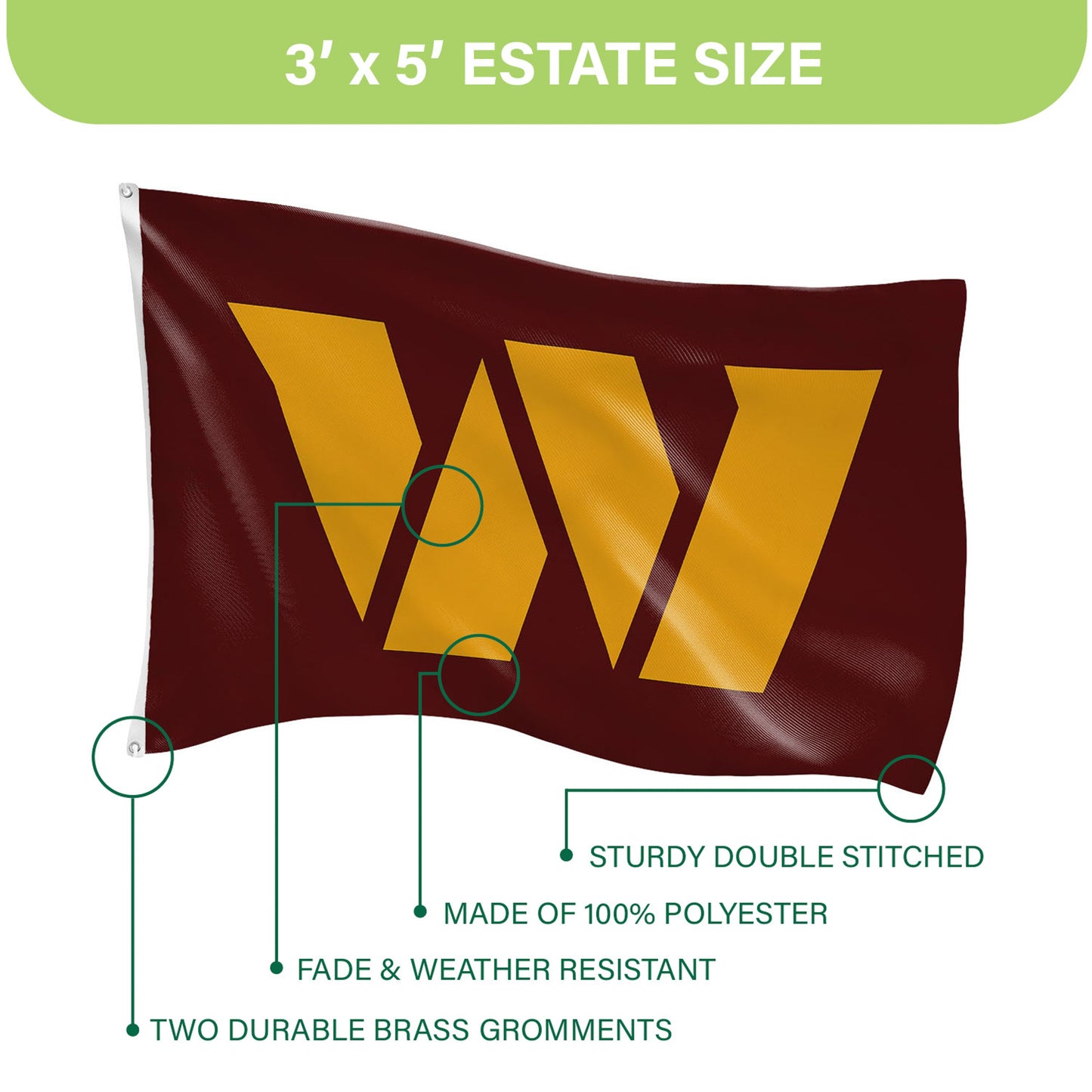 Washington Commanders 3' x 5' sublimated flag with two grommets, polyester on Tampa Home & Garden Store