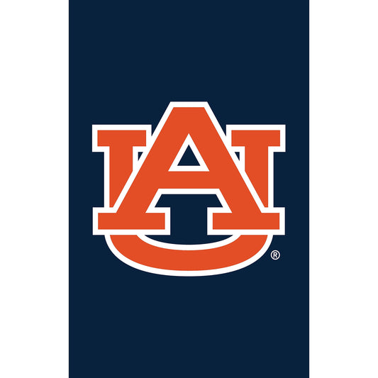 Auburn University applique garden flag with orange interlocking AU letters on navy background on Tampa Home & Garden Store