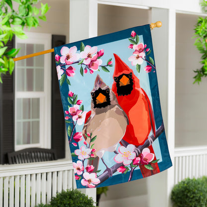 Cardinal Couple Applique House Flag with pink blossoms and teal border featuring cardinals on Tampa Home & Garden Store