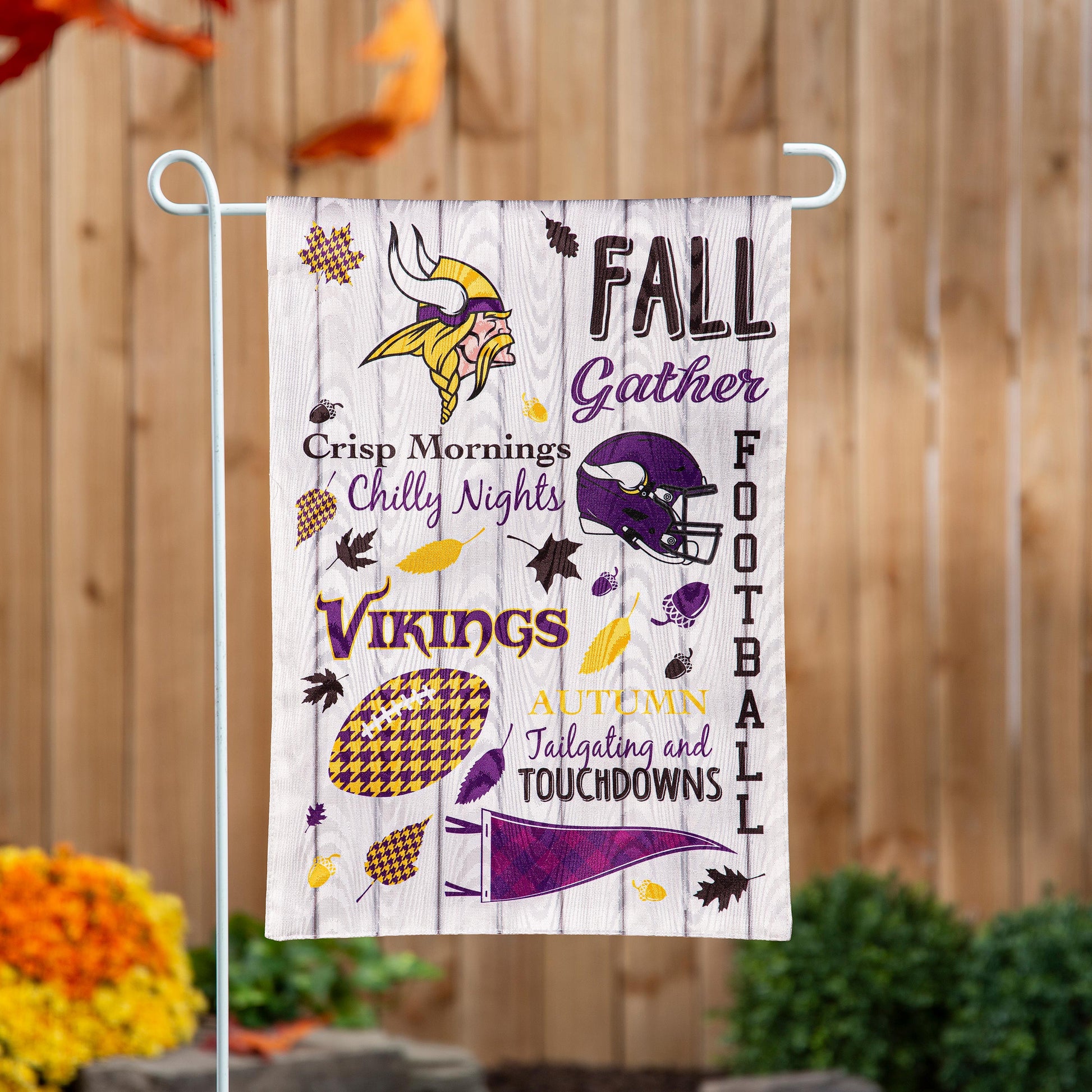 Moire flag Minnesota Vikings graphics with purple/gold helmet and autumn leaves on Tampa Home & Garden Store