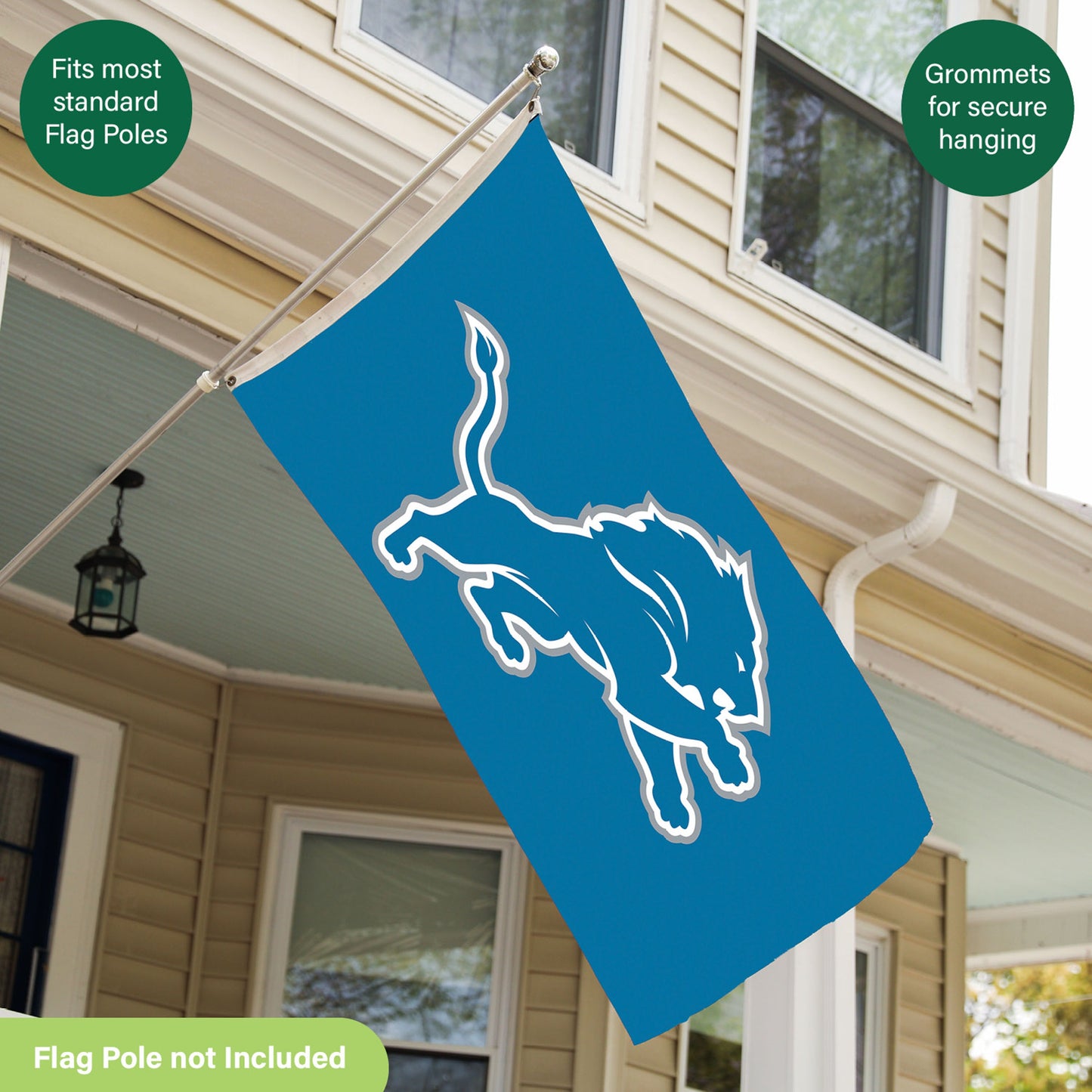 Detroit Lions 3x5 single-sided sublimated flag with 2 grommets on blue field on Tampa Home & Garden Store