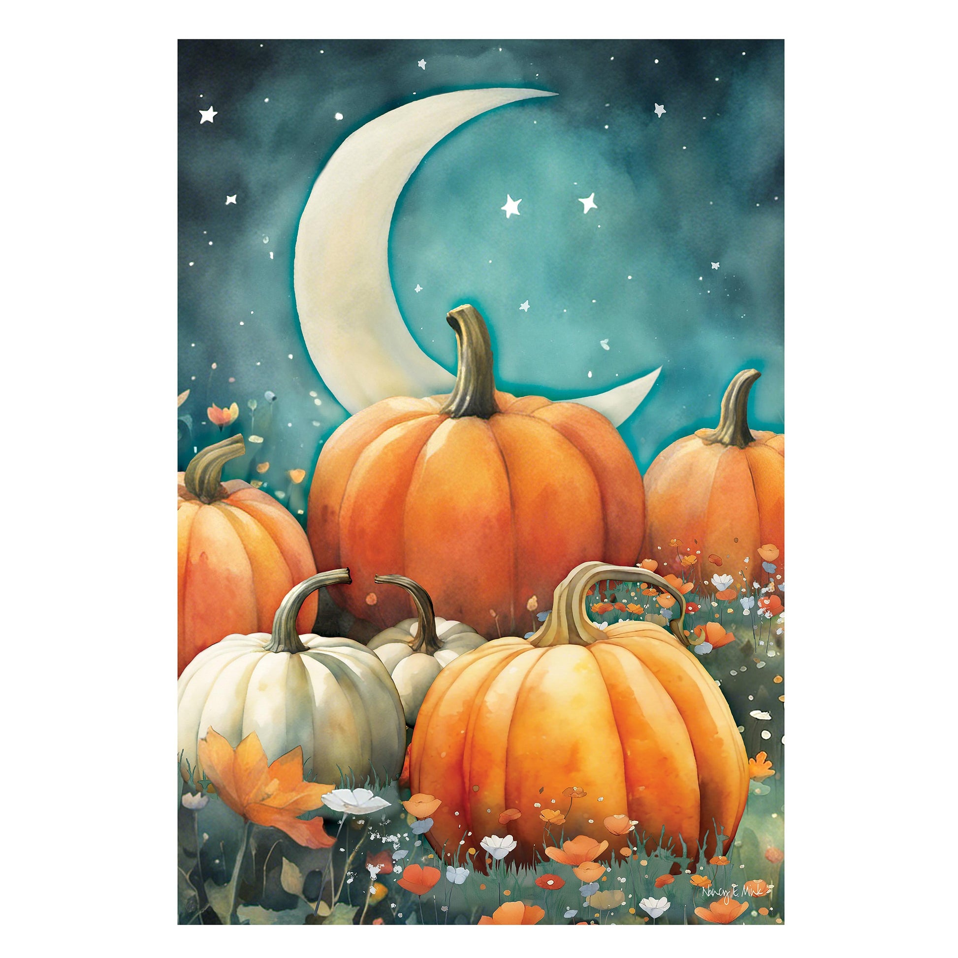 Watercolor Pumpkin Patch suede house flag with orange and cream pumpkins under a night sky on Tampa Home & Garden Store