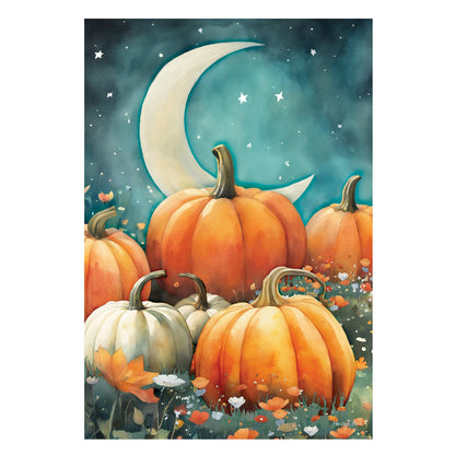 Watercolor Pumpkin Patch suede house flag with orange and cream pumpkins under a night sky on Tampa Home & Garden Store