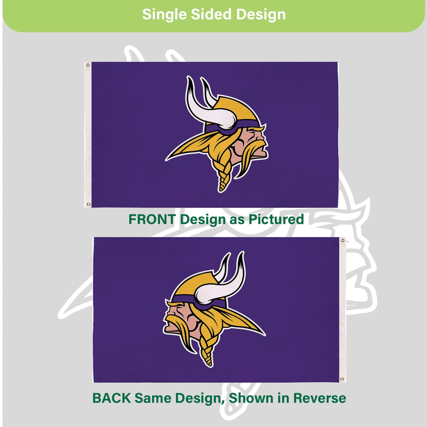 Minnesota Vikings flag 3x5 ft purple sublimated single-sided with Viking head logo, 2 grommets on Tampa Home & Garden Store