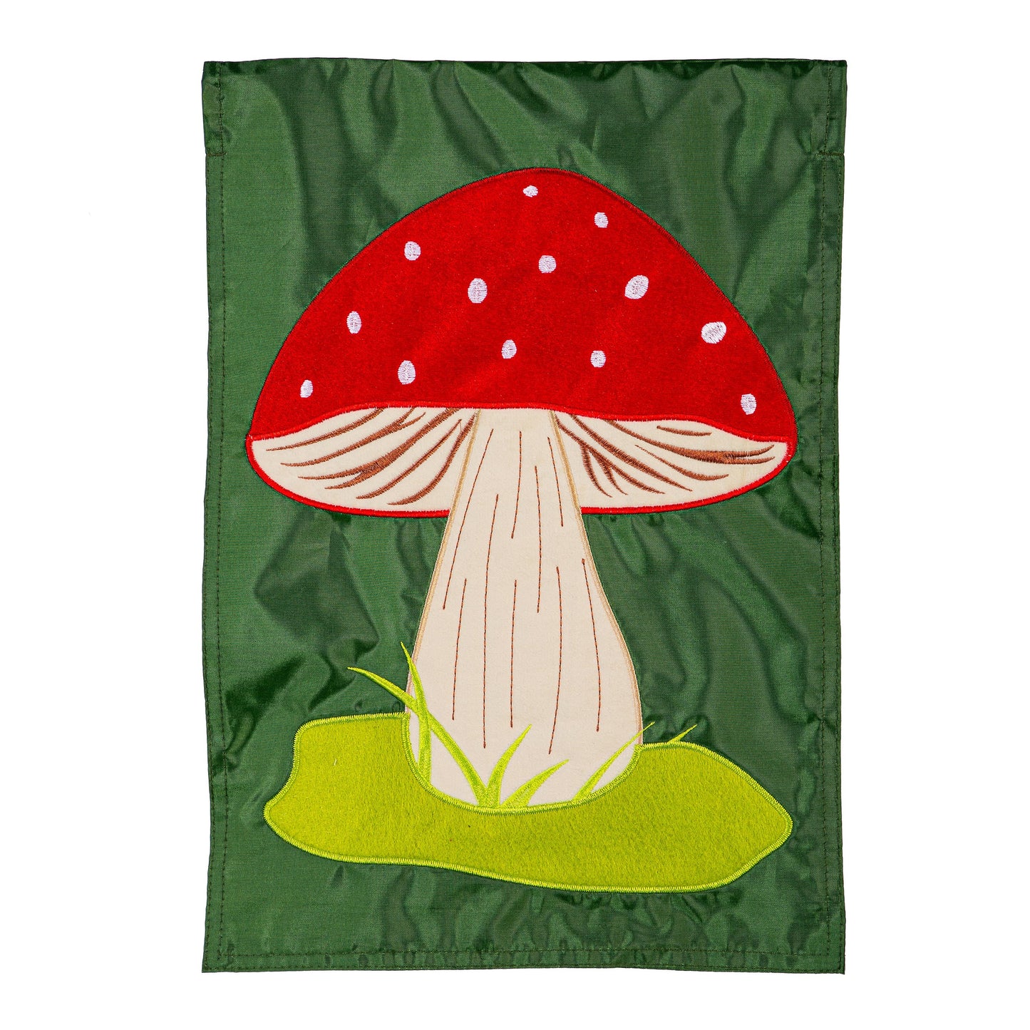 Mushroom Basic Applique Garden Flag by Evergreen Enterprises red mushroom on green background on Tampa Home & Garden Store