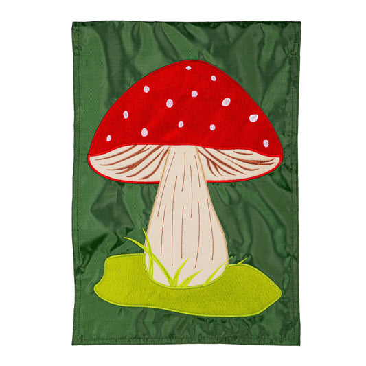 Mushroom Basic Applique Garden Flag by Evergreen Enterprises red mushroom on green background on Tampa Home & Garden Store