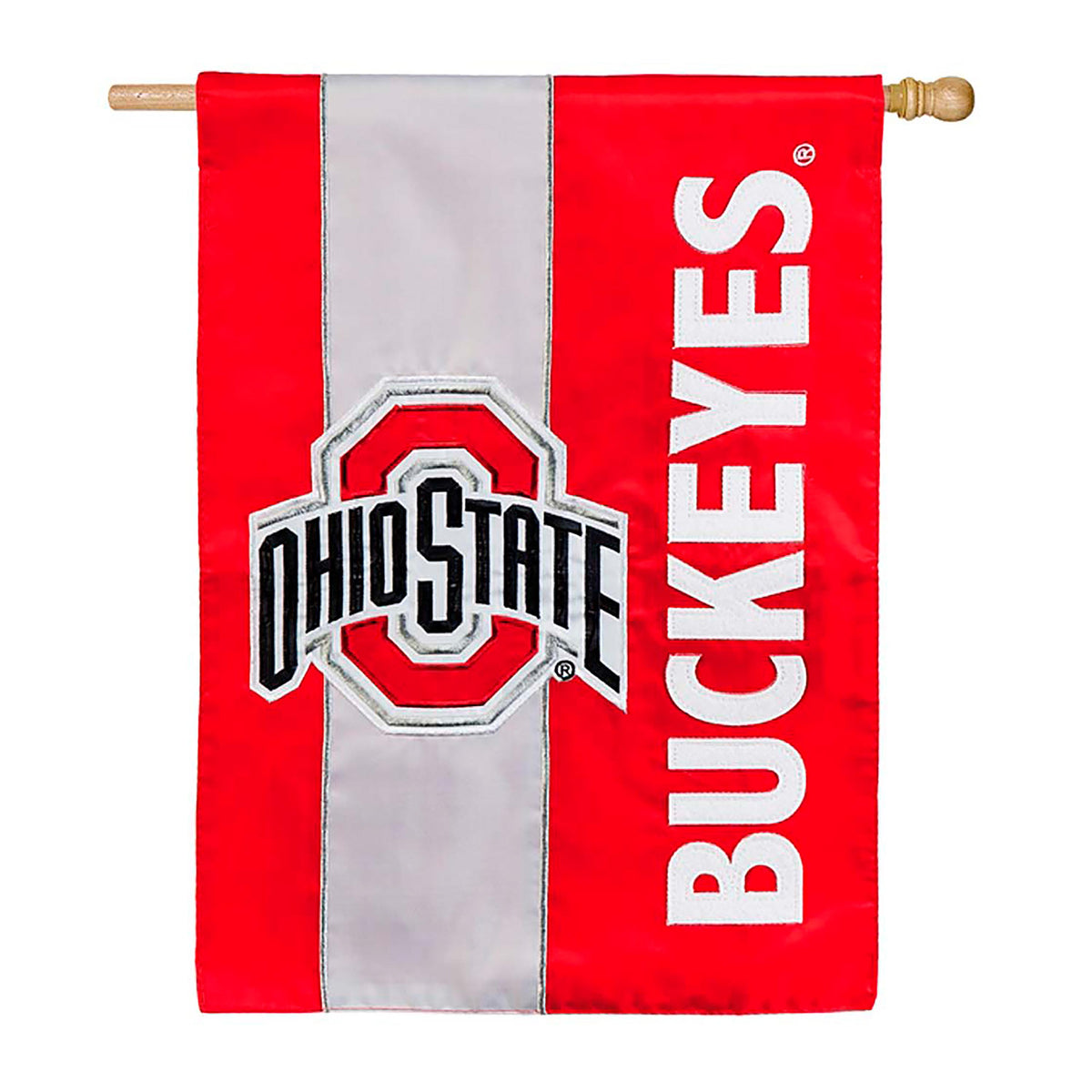 Double-Sided Ohio State Buckeyes applique house flag, red with gray center stripe and OSU logo on Tampa Home & Garden Store
