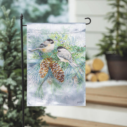 Winter Frost Lustre Garden Flag with frosty background and birds among evergreens by Evergreen on Tampa Home & Garden Store